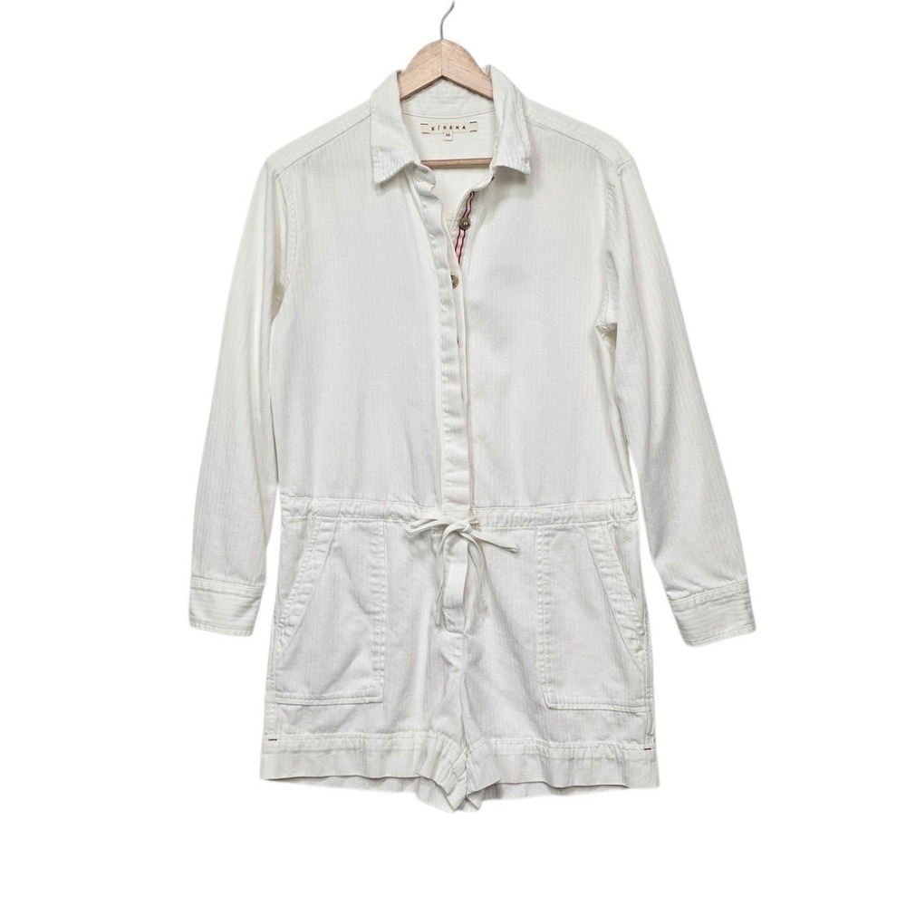 Xirena White Herringbone Cotton Long Sleeve Drawstring Romper XS Made in USA